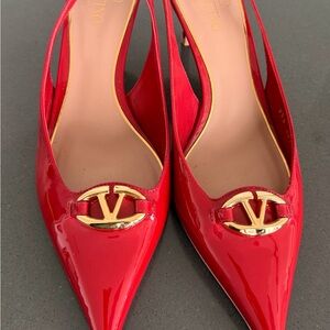 Valentino Red Patent Leather Heels with Gold Logo